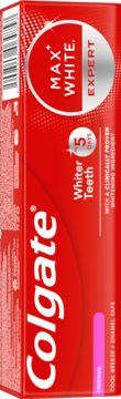 Czerwone pudełko pasty Colgate Max White Expert Original, z białym napisem, obietnicą bielszych zębów w 5 dni, widok z przodu.