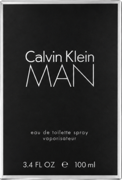 Czarne prostokątne opakowanie Calvin Klein MAN eau de toilette 100ml z białym napisem, widok z przodu.