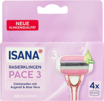 ISANA PACE 3 wkłady do maszynki, różowe opakowanie, 4 sztuki, z 3 ostrzami i paskiem z arganem, widok z przodu.