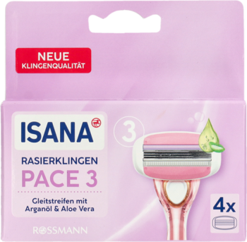 ISANA PACE 3 wkłady do maszynki, różowe opakowanie, 4 sztuki, z 3 ostrzami i paskiem z arganem, widok z przodu.