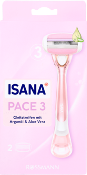 Maszynka do golenia Isana Pace 3, różowa, z 3 ostrzami i paskiem nawilżającym, w opakowaniu.