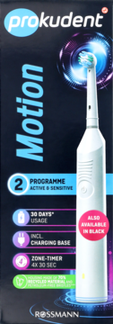 Biała elektryczna szczoteczka Prokudent Motion na czarnym opakowaniu, z 2 programami, widok z przodu.