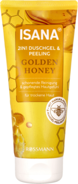 Żółta tubka Isana 2in1 Duschegel & Peeling Golden Honey z motywem plastra miodu i pszczoły, widok z przodu.