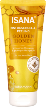 Żółta tubka Isana 2in1 Duschegel & Peeling Golden Honey z motywem plastra miodu i pszczoły, widok z przodu.