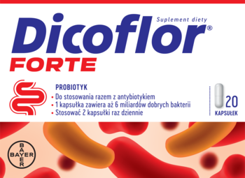 Biało-czerwone opakowanie Dicoflor Forte probiotyku, 20 kapsułek, na antybiotykoterapię, widok z przodu.