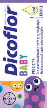 Opakowanie Dicoflor Baby, suplementu diety w kroplach 5ml dla niemowląt, z tekstem o antybiotykach i mikrobami.