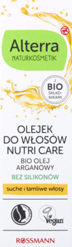 Alterra Naturkosmetik, olejek do włosów Nutri Care z bio olejem arganowym, bez silikonów, dla włosów suchych i łamliwych, front opakowania.