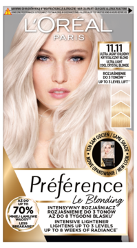 L'Oréal Paris Préférence Le Blonding farba do włosów 11.11 Ultra Light Cool Crystal Blonde, widok z przodu opakowania.