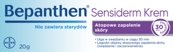 Bepanthen Sensiderm Krem 20g, niebiesko-fioletowe pudełko. Na atopowe zapalenie skóry, łagodzi swędzenie i zaczerwienienie, bez sterydów.