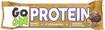Baton GO ON Protein kakaowy z czekoladą i witaminami, w złoto-brązowym opakowaniu, widok z przodu.