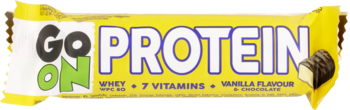 Go On Protein bar, vanilla & chocolate flavor, yellow wrapper, frontal view showing white filling.