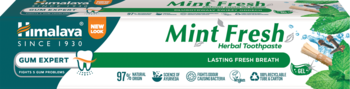 Himalaya Mint Fresh Herbal Toothpaste, zielono-białe opakowanie, liście mięty, tekst Gum Expert i Fresh Breath.
