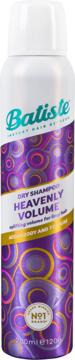 Biało-fioletowy suchy szampon Batiste Heavenly Volume, puszka z okręgami, widok z przodu, dodaje objętości.