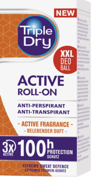Triple Dry Active Roll-On XXL, antyperspirant z aktywnym zapachem, 100h ochrony, biało-pomarańczowy, widok pod kątem.