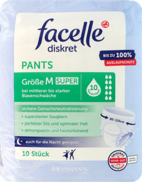 Biało-niebieskie opakowanie Facelle Diskret PANTS M SUPER, 10 sztuk, dla nietrzymania, widok z przodu.