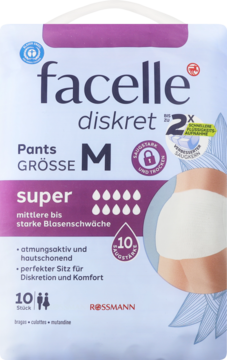 facelle diskret pieluchomajtki M, biało-fioletowe opakowanie, 10 sztuk, dla umiarkowanego nietrzymania, widok z przodu.