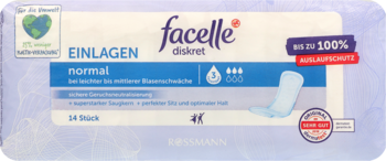 Opakowanie wkładek Facelle diskret normal, 14 szt., fioletowe, z ikoną kropli i napisem 100% ochrona.