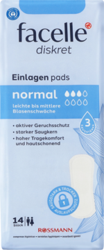 Facelle diskret wkładki normalne na lekkie nietrzymanie moczu, 14 szt., biało-niebieskie opakowanie z padem, przód.