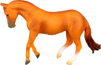 Realistyczna pomarańczowo-brązowa figurka konia z białymi odmianami na nogach, widok z boku, stojąca klacz.