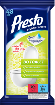 Ciemnoniebieskie opakowanie Presto nawilżanych ściereczek do toalet 48 szt., antybakteryjnych, widok z przodu.