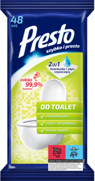 Ciemnoniebieskie opakowanie Presto nawilżanych ściereczek do toalet 48 szt., antybakteryjnych, widok z przodu.