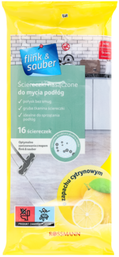 Flink & Sauber ściereczki do podłóg, cytrynowe, 16 szt. w żółtej saszetce, widok z przodu.
