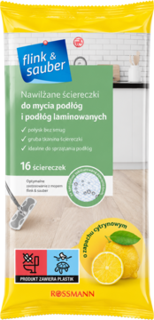Żółte opakowanie Flink & Sauber, nawilżane ściereczki cytrynowe do podłóg, w tym laminowanych, widok z przodu.