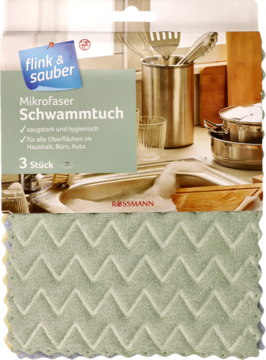 Opakowanie i rozwinięta szarozielona ściereczka-gąbka z mikrofibry Flink & Sauber (3 szt.).