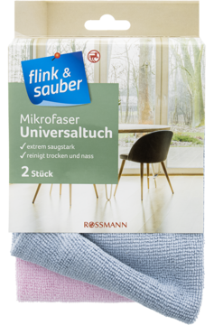 Opakowanie Flink & Sauber z 2 uniwersalnymi chłonnymi ściereczkami z mikrofibry: szara, różowa.