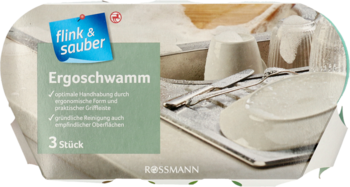Opakowanie gąbek Ergoschwamm Rossmann, zielono-białe, z niebieskim logo i widokiem naczyń w tle, 3 sztuki.