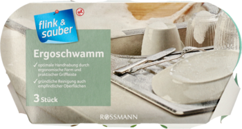Opakowanie gąbek Ergoschwamm Rossmann, zielono-białe, z niebieskim logo i widokiem naczyń w tle, 3 sztuki.