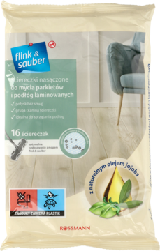 Opakowanie ściereczek Flink & Sauber do parkietów i laminatów z olejkiem jojoba, widok z przodu.