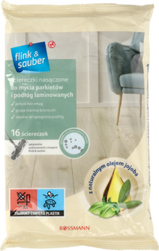 Opakowanie ściereczek Flink & Sauber do parkietów i laminatów z olejkiem jojoba, widok z przodu.