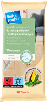 Beżowe opakowanie ściereczek Flink & Sauber do parkietów i laminatów, 16 sztuk, z olejkiem jojoba, widok z przodu.