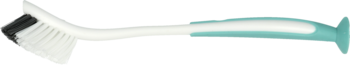 Biała ergonomiczna szczotka do mycia z czarnym włosiem i błękitną przyssawką, ułożona poziomo na białym tle.