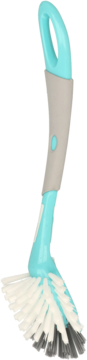 Ergonomiczna szczotka do mycia naczyń, aqua i szara rączka, z białym i ciemnoszarym włosiem, widok pod kątem.