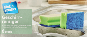 Gąbki do naczyń flink & sauber, 6 szt. Zielono-niebieskie. Dokładnie czyszczą bez zarysowań, widok z bliska.
