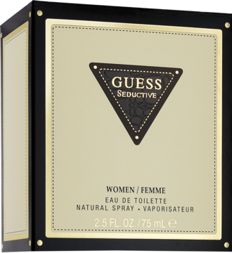 Front of Guess Seductive Eau de Toilette for women box, black with gold panel and triangular logo, 75ml.