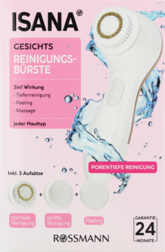 Opakowanie Isana szczoteczki do mycia twarzy z 3 końcówkami do peelingu i masażu, biało-różowe tło.