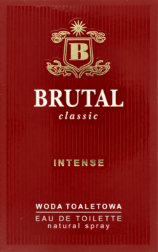 Czerwone opakowanie wody toaletowej Brutal Classic Intense, z teksturowanymi paskami i złotym logo 'B', widok frontalny.