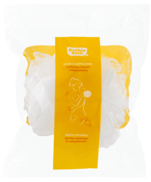 Biała myjka kąpielowa Byrnie Bath z extra miękkiej siateczki, w opakowaniu z żółtą etykietą, widok z przodu.