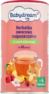 Babydream owocowa herbatka rozpuszczalna, różowo-biała puszka z wizerunkiem kubka herbaty i owoców.