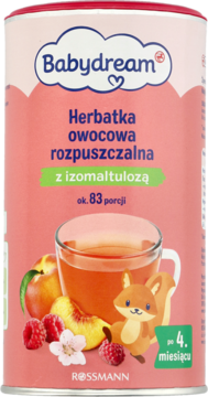 Babydream owocowa herbatka rozpuszczalna, różowo-biała puszka z wizerunkiem kubka herbaty i owoców.