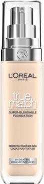 L'Oréal True Match podkład z kwasem hialuronowym, beżowy, w szklanej butelce z pompką, widok z przodu.