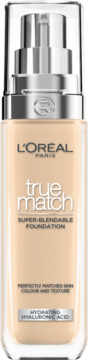 Beżowy podkład L'Oréal True Match w szklanej butelce z pompką, widok z przodu, z kwasem hialuronowym.