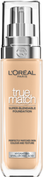 L'Oréal True Match podkład w beżowej butelce z pompką, front. Super-Blendable z kwasem hialuronowym.