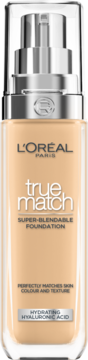 L'Oréal Paris True Match, beżowy podkład nawilżający w szklanej butelce z pompką, widok z przodu.