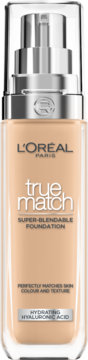 L'Oréal True Match Super-Blendable Foundation w szklanej butelce z pompką, widok z przodu, odcień beżowy z kwasem hialuronowym.