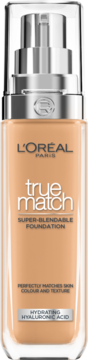 L'Oréal True Match, nawilżający podkład w beżowej szklanej butelce z pompką, widok z przodu.