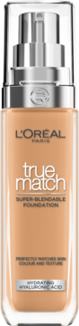 Nawilżający podkład L'Oréal Paris True Match, beżowy, w szklanej butelce z srebrną pompką, widok frontalny.